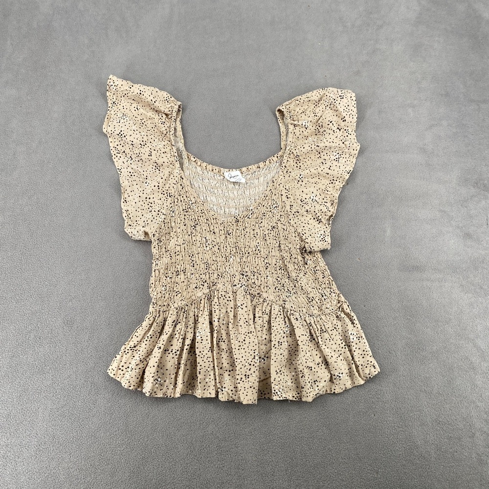Japna Tan Speckled Smocked Peplum Top Flutter Sleeve XL